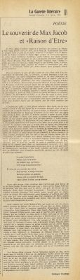 «Le souvenir de Max Jacob» et «Raison d'Être», <i>La Gazette littéraire</i>, 3-4 février 1973.